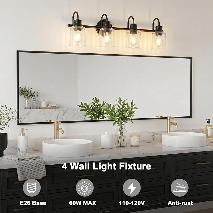 4 Lights Bathroom Light Fixtures Modern Black Vanity Lights | ETL Certificate, Easy to Install,Wall Mount Up or Down,Thickened Glass Lampshade,E26 Socket,Hardwired