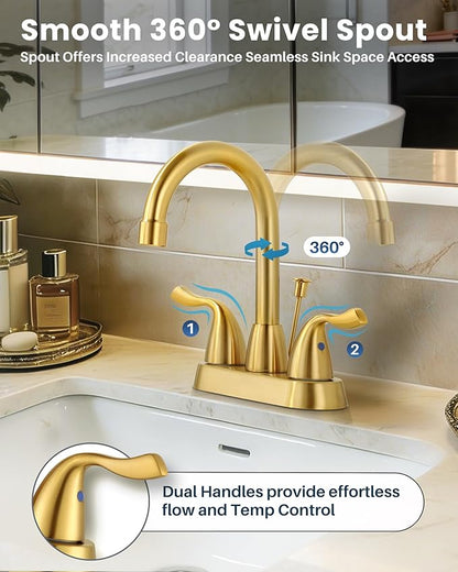 Brushed Gold Bathroom Faucet, ARCORA 4 inch Centerset Bathroom Faucet with Drain Assembly and Supply Lines