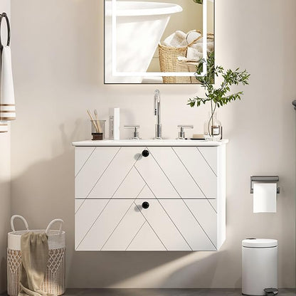 24 inch Bathroom Vanity with Sink, Floating Bathroom Vanity, Wall Mount & 2 Soft-Close Drawers, Modern Floating Vanity with Ceramic Sink, White