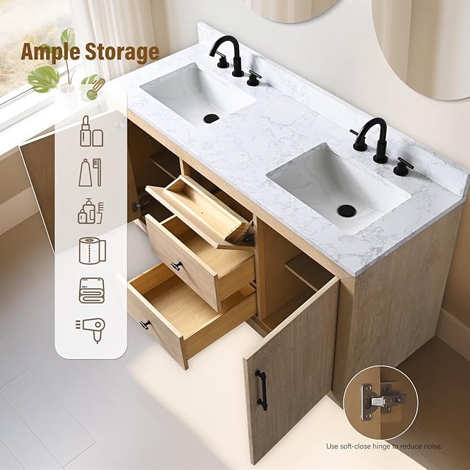 HOMEBEYOND 60 Inch Bathroom Vanity with Double Sink & Ceramic Top, MDF Material Vanity Cabinet with Basin Combo, Soft-Closing Doors, Removable Shelf, Backsplash