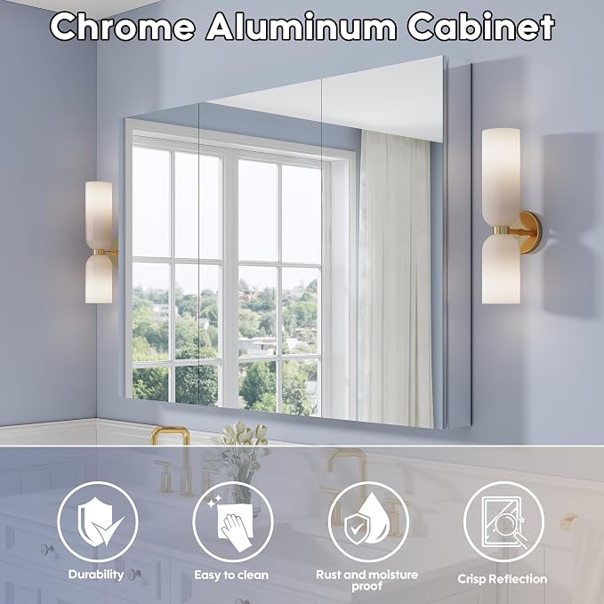 52" x 36" Bathroom Medicine Cabinet with Mirror, Anodized Chrome Aluminum Frame, Surface Mount or Recessed Medicine Cabinet with Mirror, Bathroom Mirror with Storage, Three Doors