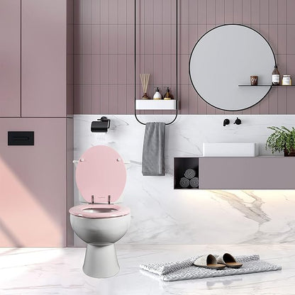 Pink Round Toilet Seat Natural Wood Toilet Seat with Zinc Alloy Hinges, Easy to Install also Easy to Clean, Scratch Resistant Toilet Seat by Angol Shiold (Round, Pink)
