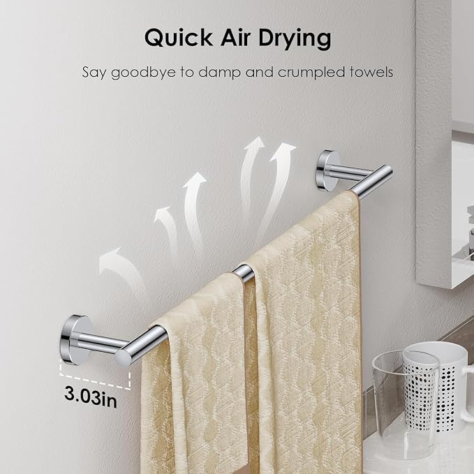FORIOUS Bathroom Accessories, 5-Piece Bathroom Hardware Set - 24" Towel Bar | Chrome | Towel Hooks, Towel Racks for Bathroom, Toilet Paper Holder With Shelf & Towel Ring | SUS304 Stainless Steel