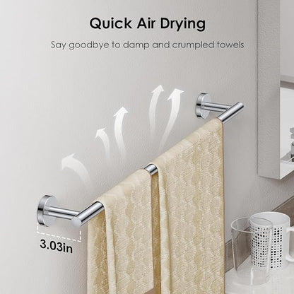 FORIOUS Bathroom Accessories, 5-Piece Bathroom Hardware Set - 24" Towel Bar | Chrome | Towel Hooks, Towel Racks for Bathroom, Toilet Paper Holder With Shelf & Towel Ring | SUS304 Stainless Steel