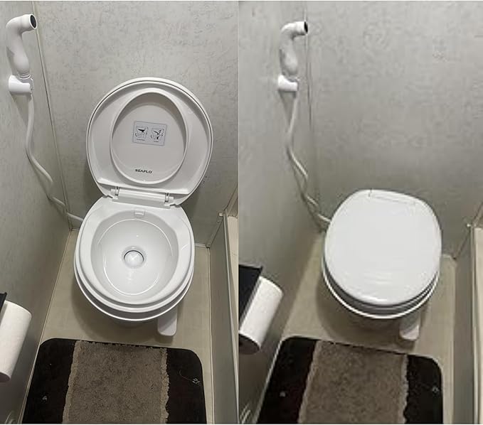 SEAFLO Residential Height Camper/RV Toilet with Sprayer Attachment, 18.5” Standard Height, Gravity Flush System, Foot Pedal Operation, Soft Close Seat, 4-Year Warranty (With Sprayer Attachment)