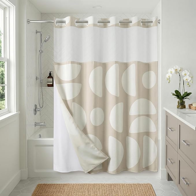 Americanflat 72x75 Hookless Shower Curtain - Water-Resistant Modern Shower Curtain with Sheer Panel, Snap-in Liner, and Durable Grommets - 100% Polyester - Warm Beige and Ivory