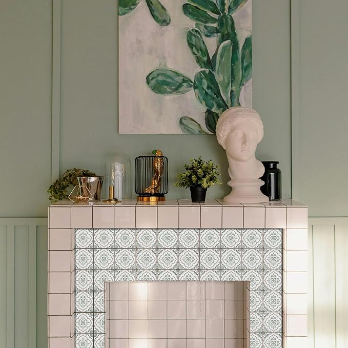 36 Pcs Retro Gray Green Patten Peel and Stick Tile Sticker, 4x4in | Geometric Patterns Waterproof Self Adhesive Stick on Decals for Kitchen Bathroom Wall Art