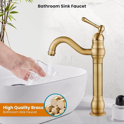 gotonovo Vessel Sink Faucet 360° Swivel Spout Single Handle Tall Bathroom Faucet 1 Hole Farmhouse Lavatory Washbasin Mixer Tap Matching Supply Hoses, Without Pop Up Drain, Antique Brass
