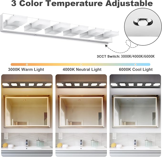 GOODATE 3 Colors Dimmable Bathroom Light Fixtures Over Mirror, LED Chrome Vanity Lights, Acrylic Stainless Steel 6 Light Bathroom Vanity Light, Adjustable 3000K/4000K/6000K, 360° Rotate