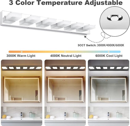 GOODATE 3 Colors Dimmable Bathroom Light Fixtures Over Mirror, LED Chrome Vanity Lights, Acrylic Stainless Steel 6 Light Bathroom Vanity Light, Adjustable 3000K/4000K/6000K, 360° Rotate