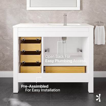 Eviva London 42 in. White Single Sink Bath Vanity with Carrara Quartz Top and Left Porcelain Sink