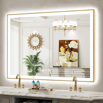 55x40 Inch LED Bathroom Mirror with Lights (Front Lit and Backlit) Gold Framed Lighted Vanity Mirror for Bathroom Wall Dimmable Anti-Fog Memory Tempered Glass Horizontal/Vertical