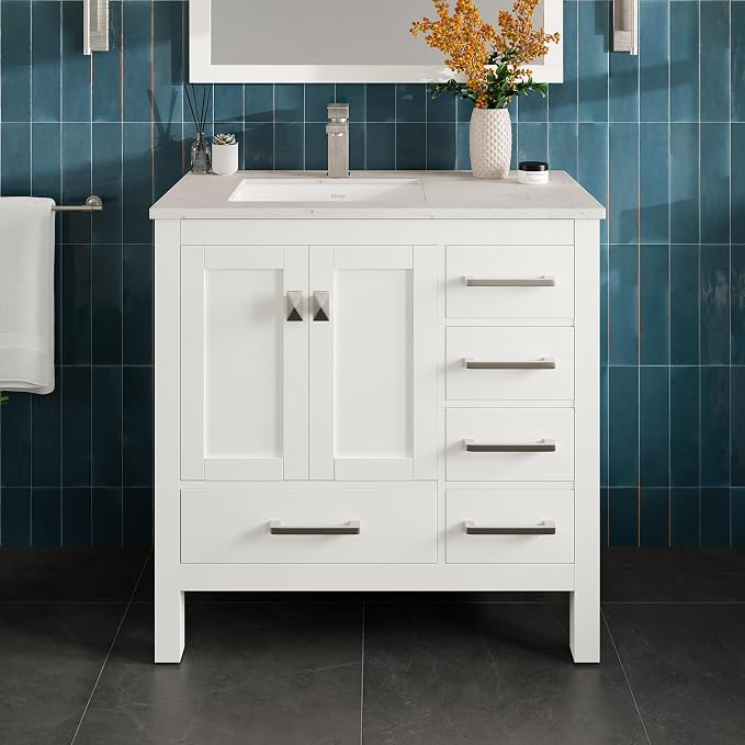 London 36 Inch Bathroom Vanity With Sink - White Single Sink Bathroom Vanity - 36 In Bathroom Vanities & Stylish Bathroom Sink Cabinet With Quartz Countertop & Porcelain Sink For Optimal Storage