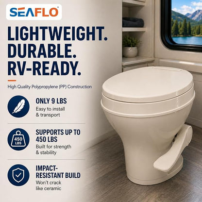SEAFLO Bone RV Toilet, Residential Height 18.4", Gravity Flush Foot Pedal, Soft Close Seat, Camper Toilet for RV Motorhome Travel Trailer, Parchment, SFRTPH-02-01, 4-Year Warranty