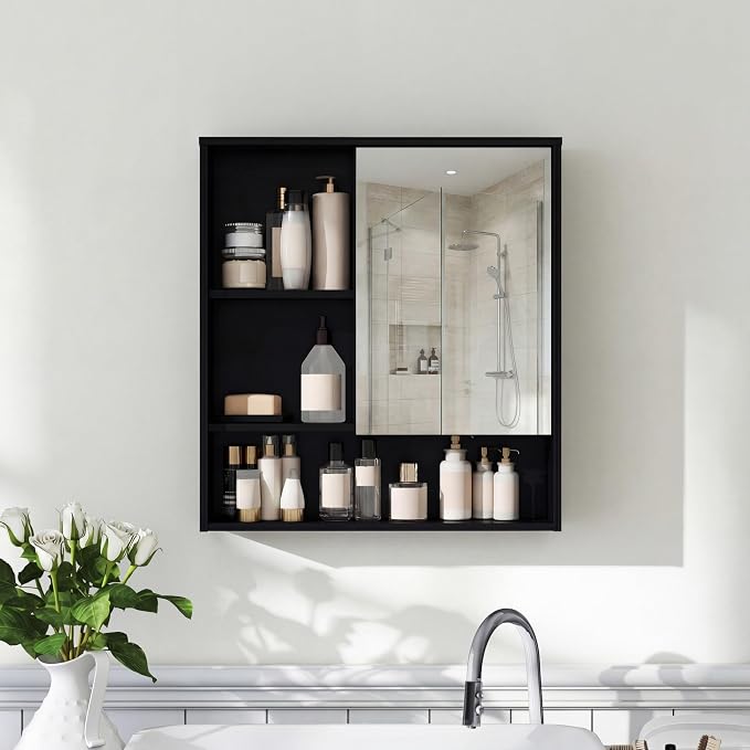 Panana Bathroom Medicine Cabinet with Mirror, Wall Mounted Single Mirror Door Storage Cabinet with 3 Open Compartments, Adjustable Height Shelf, 21.9x5.1x23.6 inch (Black)