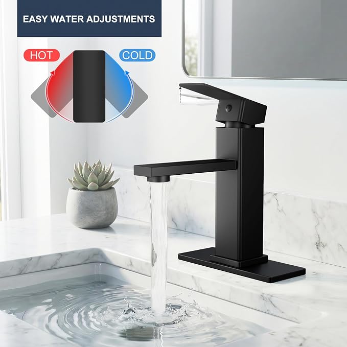 Black Bathroom Faucet Single Hole with Pop-Up Drain | Single Handle Bathroom Sink Faucet with Deck Plate, Suitable for RV, Farmhouse, Vanity Sinks, 1 or 3 Hole Installation