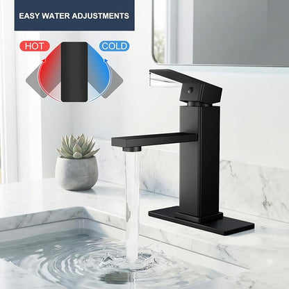Black Bathroom Faucet Single Hole with Pop-Up Drain | Single Handle Bathroom Sink Faucet with Deck Plate, Suitable for RV, Farmhouse, Vanity Sinks, 1 or 3 Hole Installation