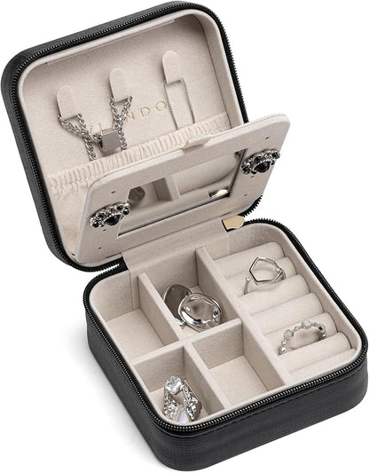 VLANDO Travel Jewelry Case with Mirror, Storage 3 Pairs of Stud Earrings | Necklace Hook for Anti-tangle, Removable Dividers, Waterproof PU Leather,Portable Storage for Rings, Necklace Gifts for Women