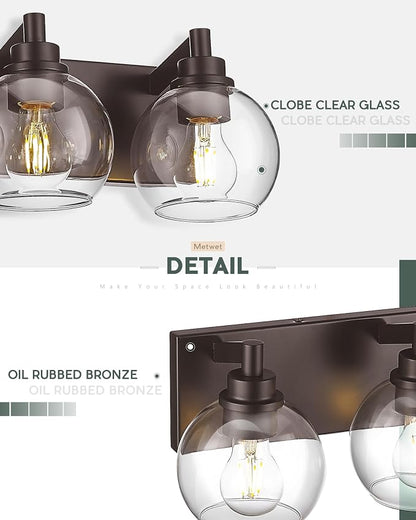3-Light Oil Rubbed Bronze Bathroom Vanity Light, Clear Glass Globes | Ideal for 22-30" mirrors, 18" modern bathroom light fixtures over mirror, E26 base, bulbs not included, VL195-ORB-3