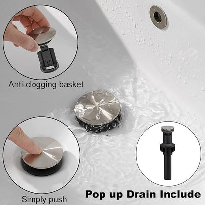Bathroom Sink Faucet Single Handle Waterfall Bathroom Faucets | 304 Stainless Steel,Lavatory Commercial Vanity Faucets with Sink Drain Assembly and Basin Plate Deck Mount,Brushed Nickel