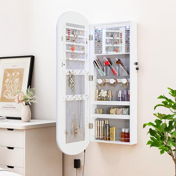 LED Jewelry Cabinet Wall/Door Mounted,RGB Lighted Mirror Jewelry Armoire Organizer Over the Door Full-Length Lockable Rounded Wide Mirror with Storage Interior Mirror Gift for Her Chrismas White