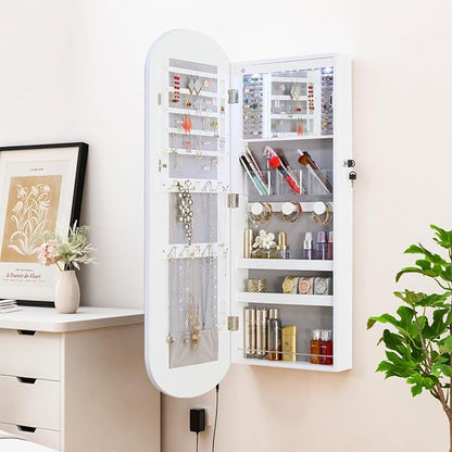 LED Jewelry Cabinet Wall/Door Mounted,RGB Lighted Mirror Jewelry Armoire Organizer Over the Door Full-Length Lockable Rounded Wide Mirror with Storage Interior Mirror Gift for Her Chrismas White