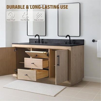 60 Inch Bathroom Vanity with Double Sink & Black Ceramic Top, MDF Material Vanity Cabinet with Basin Combo, Soft-Closing Doors, Removable Shelf, Backsplash