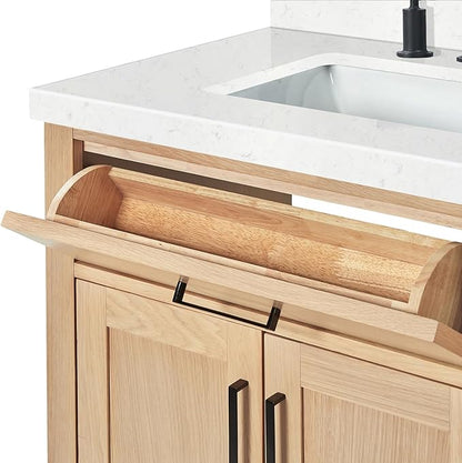 ARIEL Hepburn 72-inch Bathroom Vanity with Sink,Solid Wood, 1.5-inch Carrara White Quartz Countertop, Double Rectangular Porcelain Sink, 4 Soft Closing Doors, 6 Dovetail Drawers, White Oak