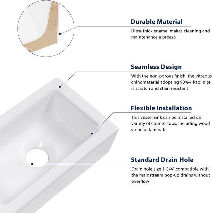 Sarlai Floating Vessel Sink - 15"x7" Wall Hang Small Bathroom Sinks Modern Rectangle Floating White Porcelain Ceramic Garden Wash Hand Sink, Left Hand
