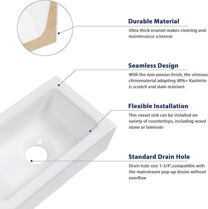 Sarlai Floating Vessel Sink - 15"x7" Wall Hang Small Bathroom Sinks Modern Rectangle Floating White Porcelain Ceramic Garden Wash Hand Sink, Left Hand
