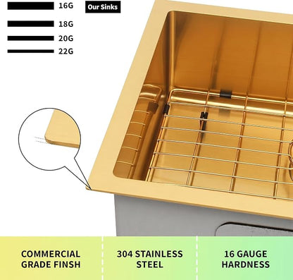 Kitsitchen Gold RV Kitchen Sink 25 x 16, Stainless Steel Single Bowl | 16 Gauge T304 Material Undermount Kitchen Sink, 7" Deep, with Strainer & Bottom Gird,for Outdoor, Bar, Laundry Room and RV