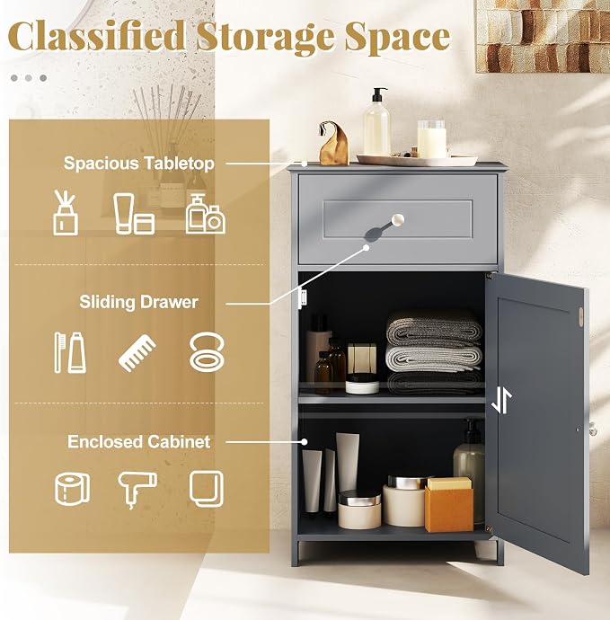 Giantex Floor Bathroom Storage Cabinet with Adjustable Shelf (Grey) | Freestanding Cabinet with Drawer, Door, Anti-Tipping Device, Storage Organizer for Sofa Side, Bathroom, Living Room