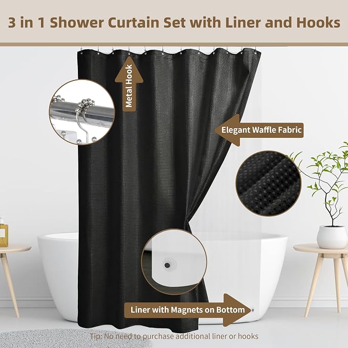 Siiluminisoy Shower Curtain and Liner Set, Waffle Shower Curtain Set with 12 Stainless Steel Hooks, Waterproof Luxury Fabric Shower Curtains for Bathroom and Hotel, Black, 72" W x 72" H