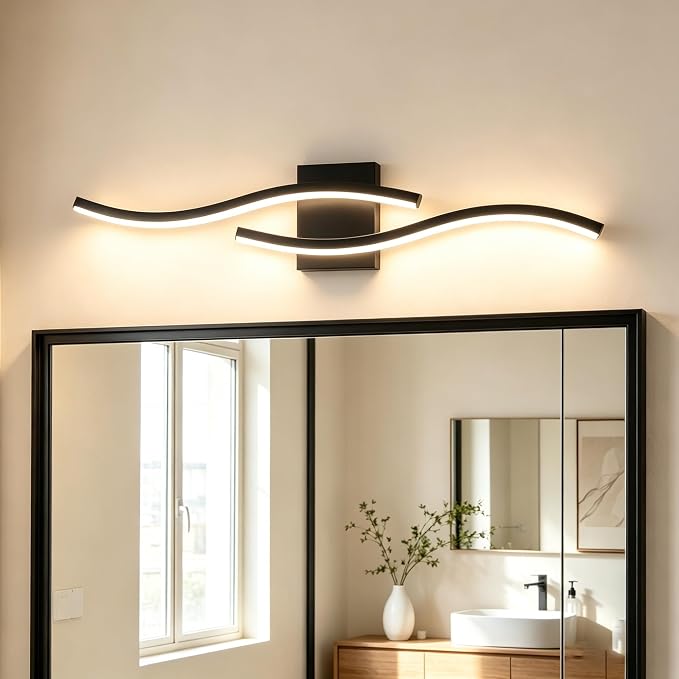 Black Curved Bathroom Vanity Light Fixture Over Mirror, 31.5 inch Modern LED Wall Lamp 5CCT Dimmable Bathroom Light Fixture Modern Vanity Lighting Wall Sconces