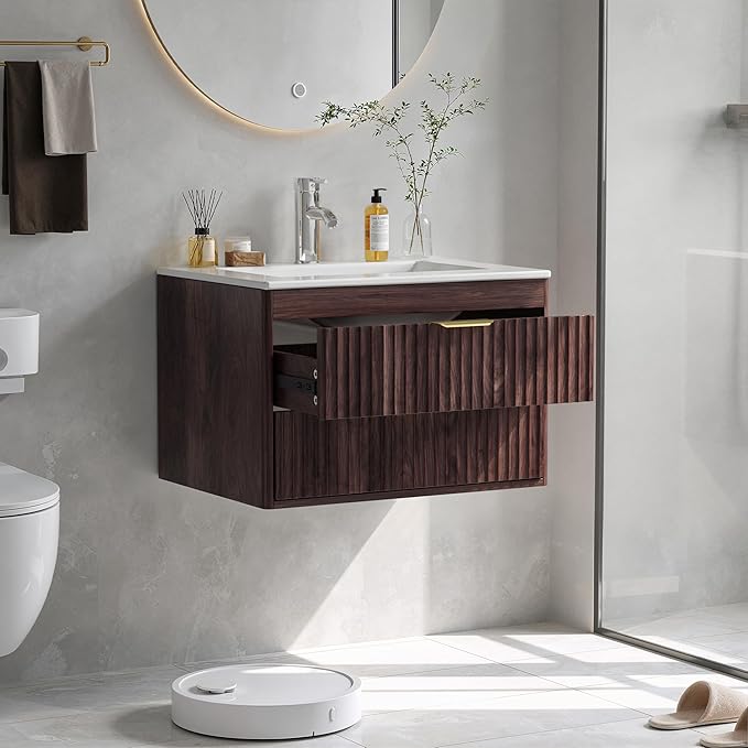24 Inch Floating Bathroom Vanity Without Sink, Bathroom Wall Cabinet with 2 Fluted Drawers & Metal Handle, Wall Mounted Cabinet for Bathrooms (Brown, 24 inch, Without Sink)