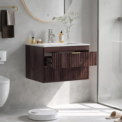 24 Inch Floating Bathroom Vanity Without Sink, Bathroom Wall Cabinet with 2 Fluted Drawers & Metal Handle, Wall Mounted Cabinet for Bathrooms (Brown, 24 inch, Without Sink)