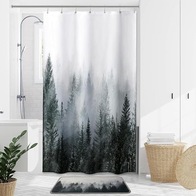 ORTIGIA 36x72 Misty Forest Stall Shower Curtain for Small Bathroom, Dark Green Half Size Narrow Nature Woodland Shower Curtain Set with Hooks, Waterproof Fabric Pine Tree Fog Magic Home Bath Curtain