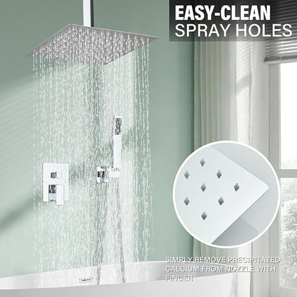 Shower Faucet Set Chrome Rain Shower System with High Pressure 10 Inches Rain Shower Head and Handheld Spray Bathroom Luxury Rain Mixer Shower Complete Combo Set Ceiling Mounted
