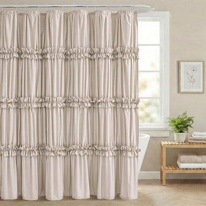 LIPA Boho Rustic Beige Ruffle Shower Curtain 72x72 Inches | Farmhouse Shower Curtains for Bathroom,Water‑Resistant Fabric Shower Curtain,Bohemian Bathroom Decor