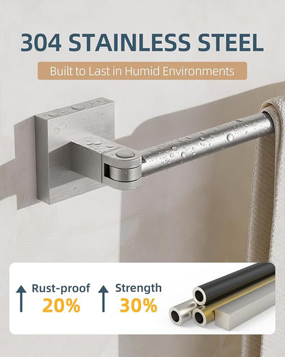 RUACQ Adjustable Towel Bar, Adhesive or Drill Wall Mount Towel Rack, Nickel | Adjust 15.8 to 26 Inch Towel Racks for Bathroom, 304 Stainless Steel Bath Towel Holder, Rustproof, Square Base, Heavy Duty