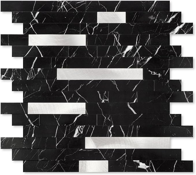 Yipscazo 10 Sheets Peel and Stick Stone Metal Tile Backsplash, Stick on Tiles for Backsplash Kitchen, Bathroom, Laundry Room, Camper, Fireplace (12'' X 12'', Pure Black)