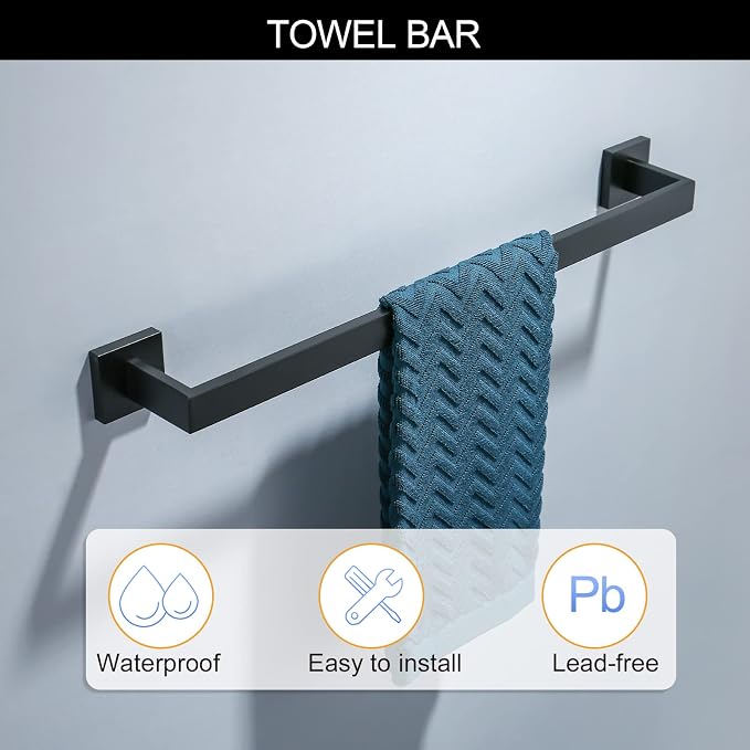 Black Towel Bar Set 5-Piece Bathroom Hardware Set Including 23.6 Inch Towel Bar,Towel Ring Towel Hook and Toilet Paper Holder with Shelf,Stainless Steel Bathroom Accessories Set
