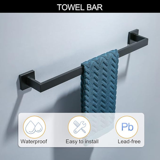 Black Towel Bar Set 5-Piece Bathroom Hardware Set Including 23.6 Inch Towel Bar,Towel Ring Towel Hook and Toilet Paper Holder with Shelf,Stainless Steel Bathroom Accessories Set
