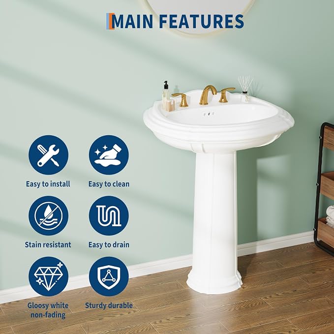 20" x 26" Vintage White Ceramic Pedestal Sink – Classic Freestanding Bathroom Sink with Overflow, 3 Pre-Drilled Holes for 8" Widespread Faucet