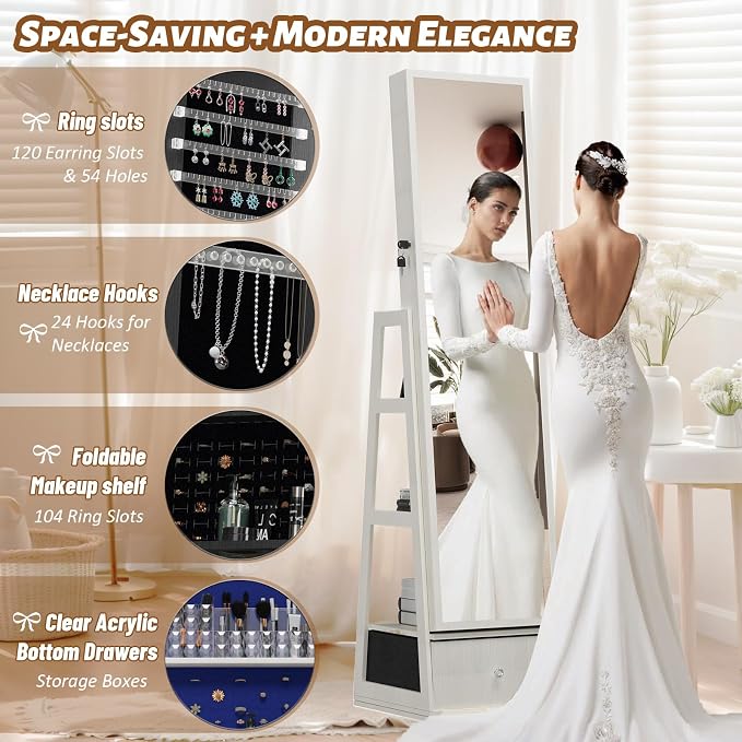 Jewelry Armoire with Full Length Mirror - 360° Swivel Standing Floor Mirror Jewelry Cabinet, Lockable Storage Organizer, 3 Shelves & Drawers,Tall Mirror with Storage for Women (White)