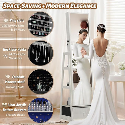 Jewelry Armoire with Full Length Mirror - 360° Swivel Standing Floor Mirror Jewelry Cabinet, Lockable Storage Organizer, 3 Shelves & Drawers,Tall Mirror with Storage for Women (White)