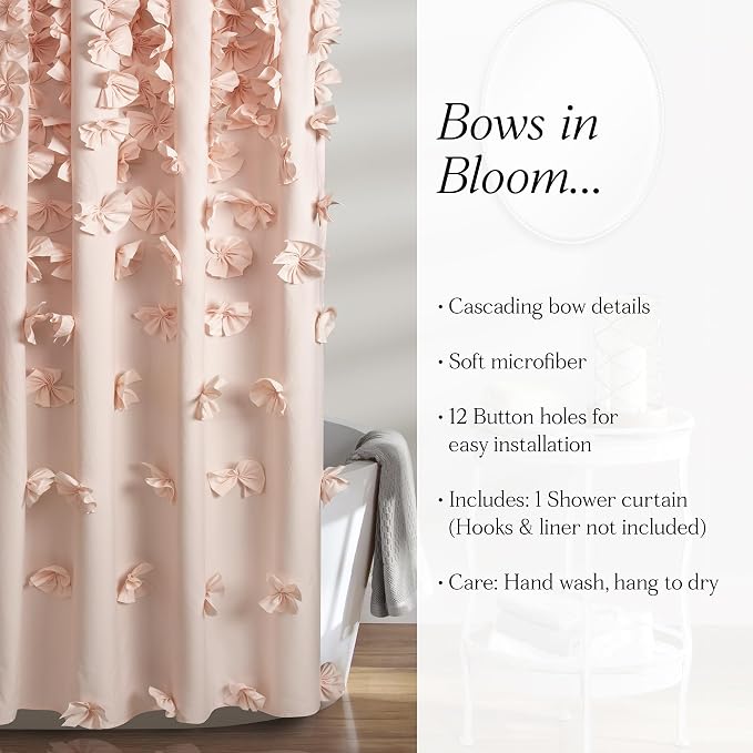 Lush Decor Riley Shower Curtain, 72" W x 72" L, Blush - Bathroom Curtain - Coquette Decor - Bow Shower Curtains - Cottage Core - Fabric Curtains (Pack of 6)