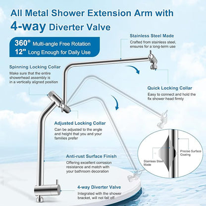 Metal 10" Rain Showerhead with 10-Spray Filter Handheld, 4-way Diverter | Chrome Finish, NSF/ANSI/CAN 372 Certified, High Pressure Shower Head with Pause Mode, 71" Stainless Steel Hose/12" Shower Arm