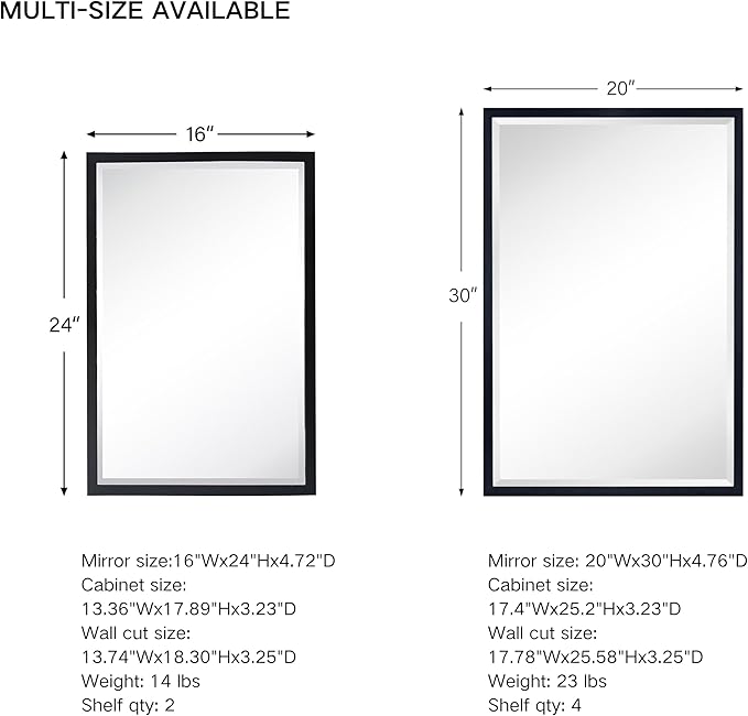TEHOME Brush Nickel Metal Framed Recessed Bathroom Medicine Cabinet with Mirror Rectangle Tilting Beveled Vanity Mirrors for Wall 16 x 24 inches