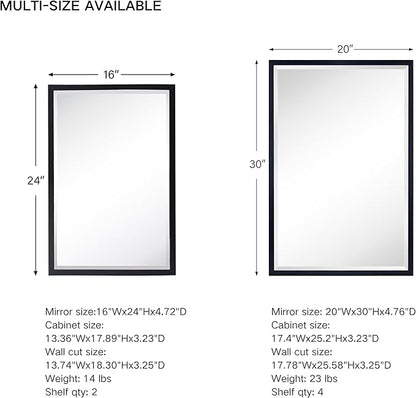 TEHOME Brush Nickel Metal Framed Recessed Bathroom Medicine Cabinet with Mirror Rectangle Tilting Beveled Vanity Mirrors for Wall 16 x 24 inches